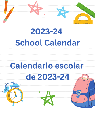  says "2023-24 school year calendar with pencils,, backpacks and other school related graphics